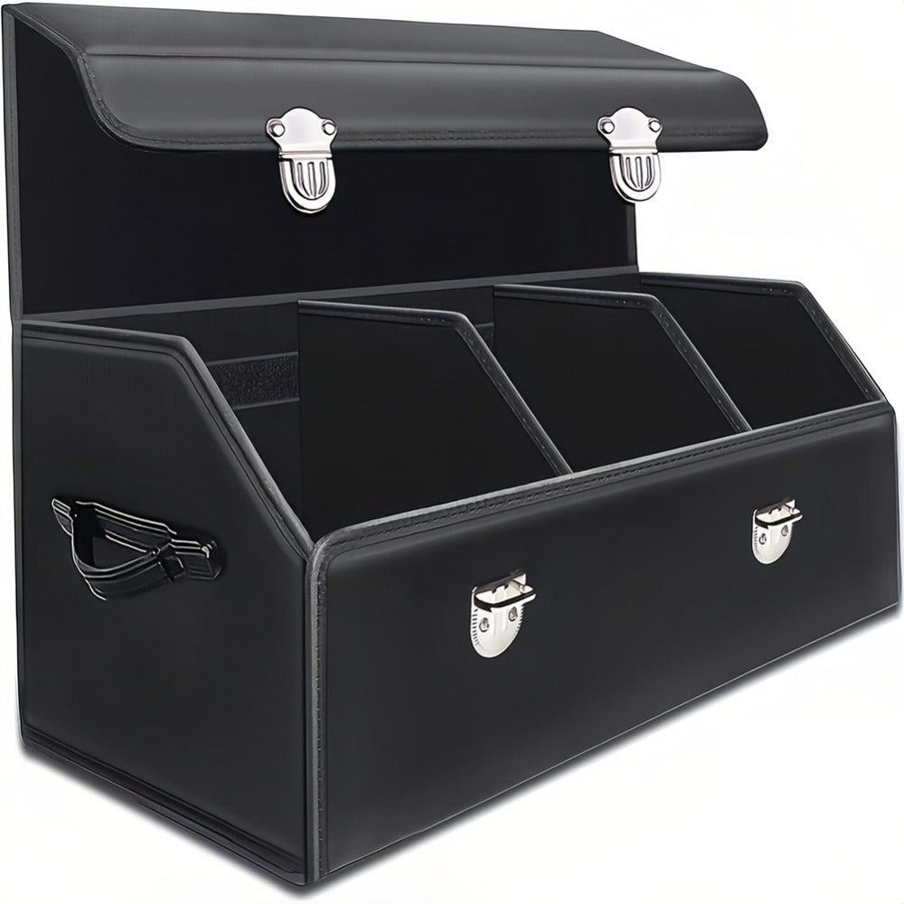 PU Leather Car Organizer Box Foldable Multi-Compartment – Large Capacity Storage for SUV, Truck, Camper & Car Interior, Durable Auto Cargo Organizer with Dividers