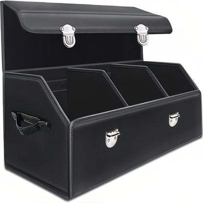 PU Leather Car Organizer Box Foldable Multi-Compartment – Large Capacity Storage for SUV, Truck, Camper & Car Interior, Durable Auto Cargo Organizer with Dividers