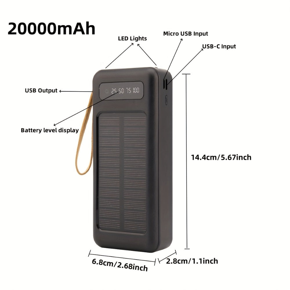 Solar Power Bank, 10000mAh to 30000mAh Charger with Built-In Cables, LED Light, Digital Display and 5W or 15W Options