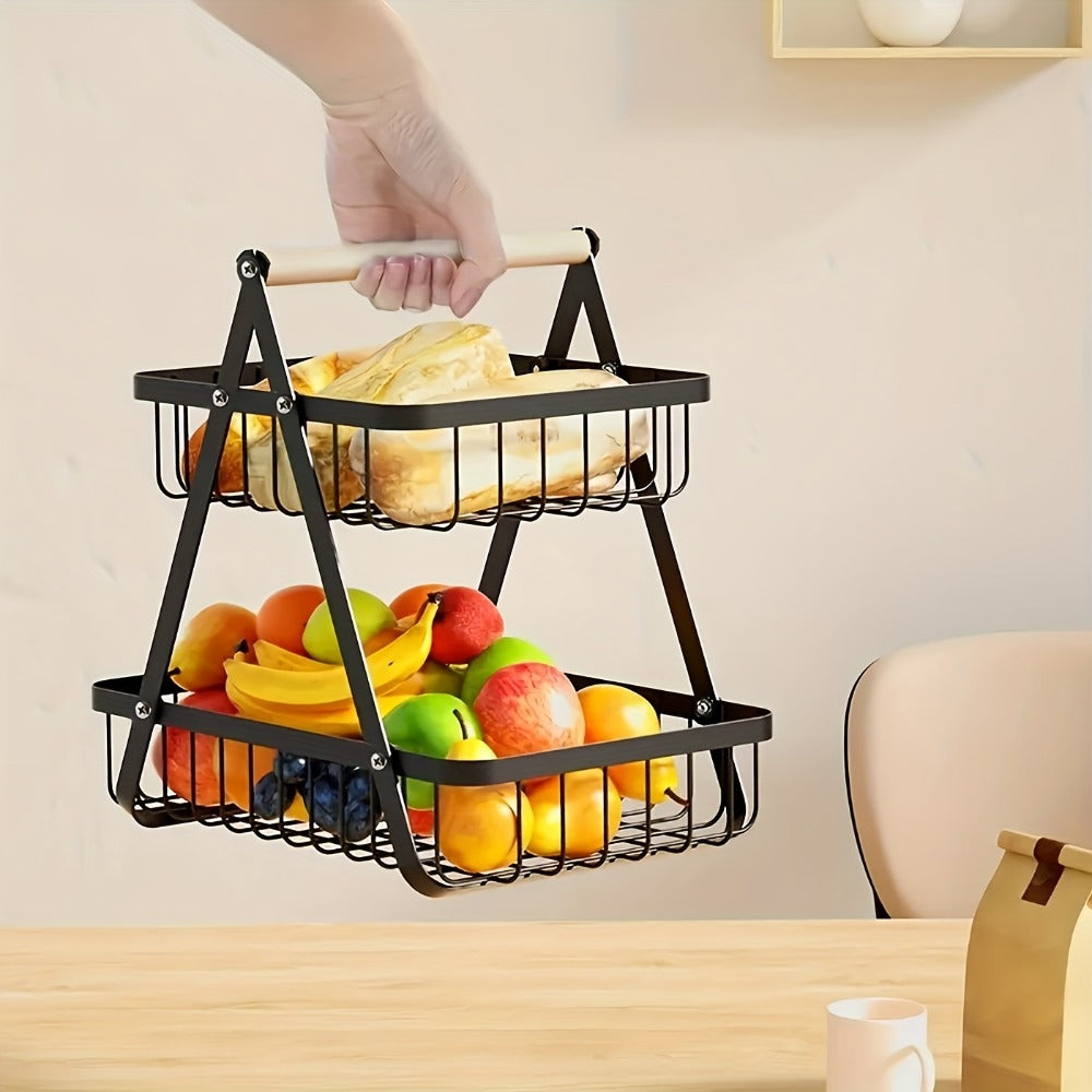 Freestanding Tiered Metal Wire Storage Basket with Wood-Tone Top Handle in Two- or Three-Tier Options