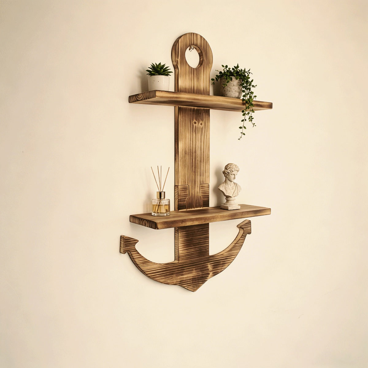 Floating Wall Shelves Solid Wood 2-Tier Nautical Anchor Shelf Handcrafted Heavy Duty Wall Mounted Organizer for Bedroom Living Room Bathroom Lake House