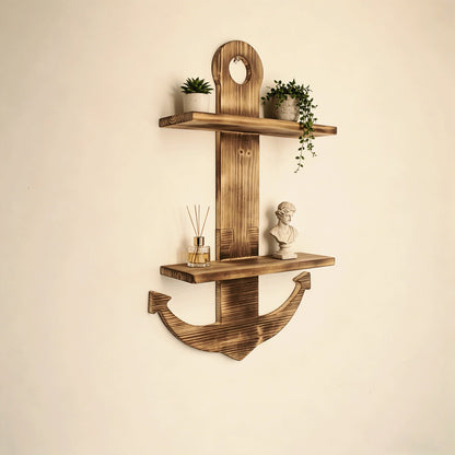 Floating Wall Shelves Solid Wood 2-Tier Nautical Anchor Shelf Handcrafted Heavy Duty Wall Mounted Organizer for Bedroom Living Room Bathroom Lake House