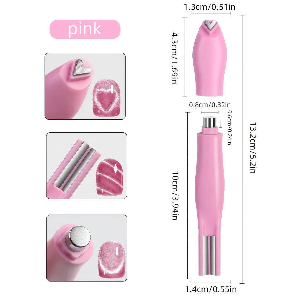 Three-Piece Cat-Eye Nail Magnet Tool Set with Pink Six-Arm Pattern Wheel, Double-Ended Pen and Bar Magnet