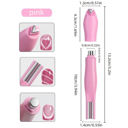 Three-Piece Cat-Eye Nail Magnet Tool Set with Pink Six-Arm Pattern Wheel, Double-Ended Pen and Bar Magnet