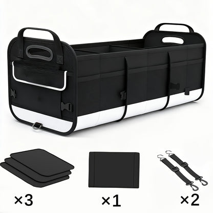 Car Trunk Organizer, 95L Foldable 4-Compartment Bin with Two Retractable Straps and Divider Set