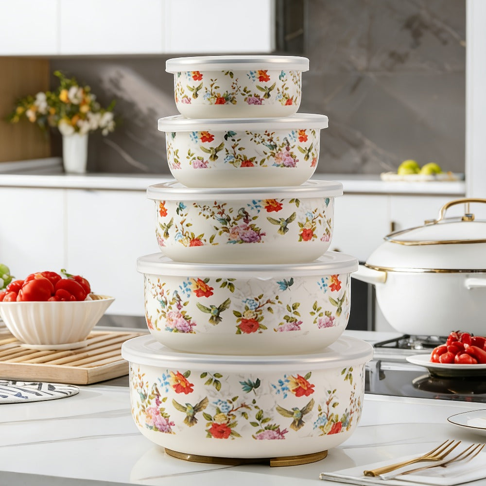 Food Storage Containers Five-Piece Enamel Bowl Set with Lids for Refrigerator, Office and Camping Use