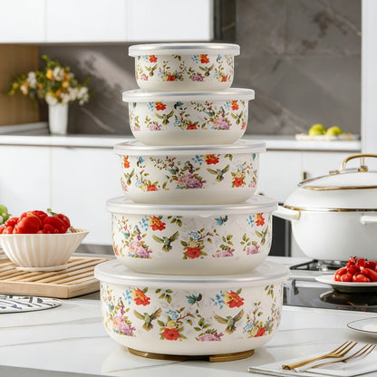 Food Storage Containers Five-Piece Enamel Bowl Set with Lids for Refrigerator, Office and Camping Use