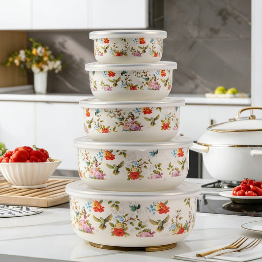 Food Storage Containers Five-Piece Enamel Bowl Set with Lids for Refrigerator, Office and Camping Use