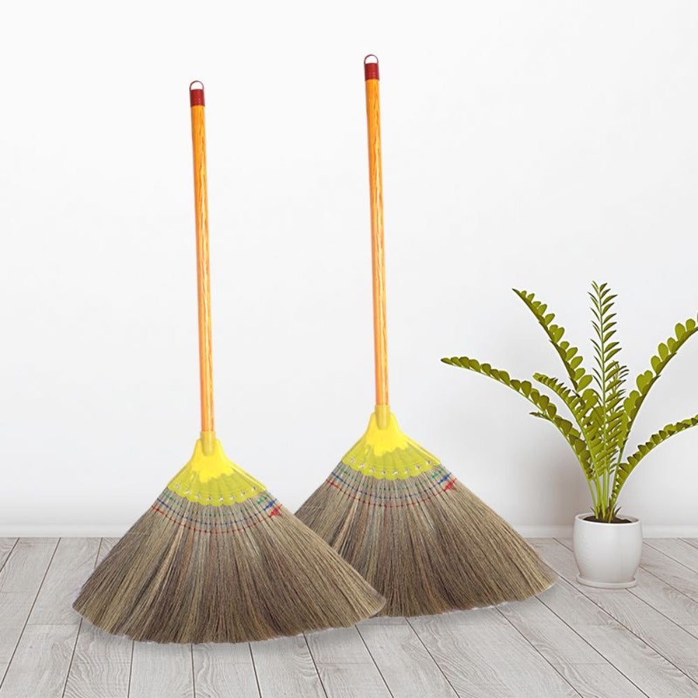 Extra-Long Miscanthus Broom with Soft Full-Length Bristles and Yellow Wrapped Handle for Home Sweeping