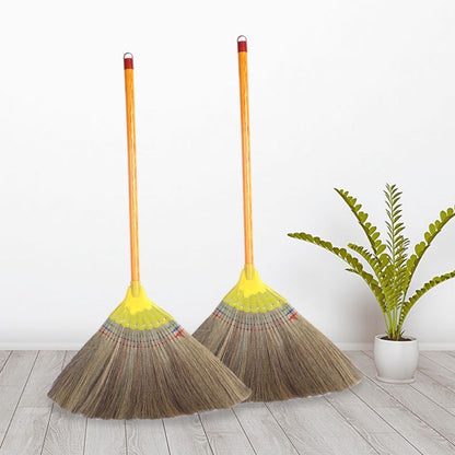 Extra-Long Miscanthus Broom with Soft Full-Length Bristles and Yellow Wrapped Handle for Home Sweeping