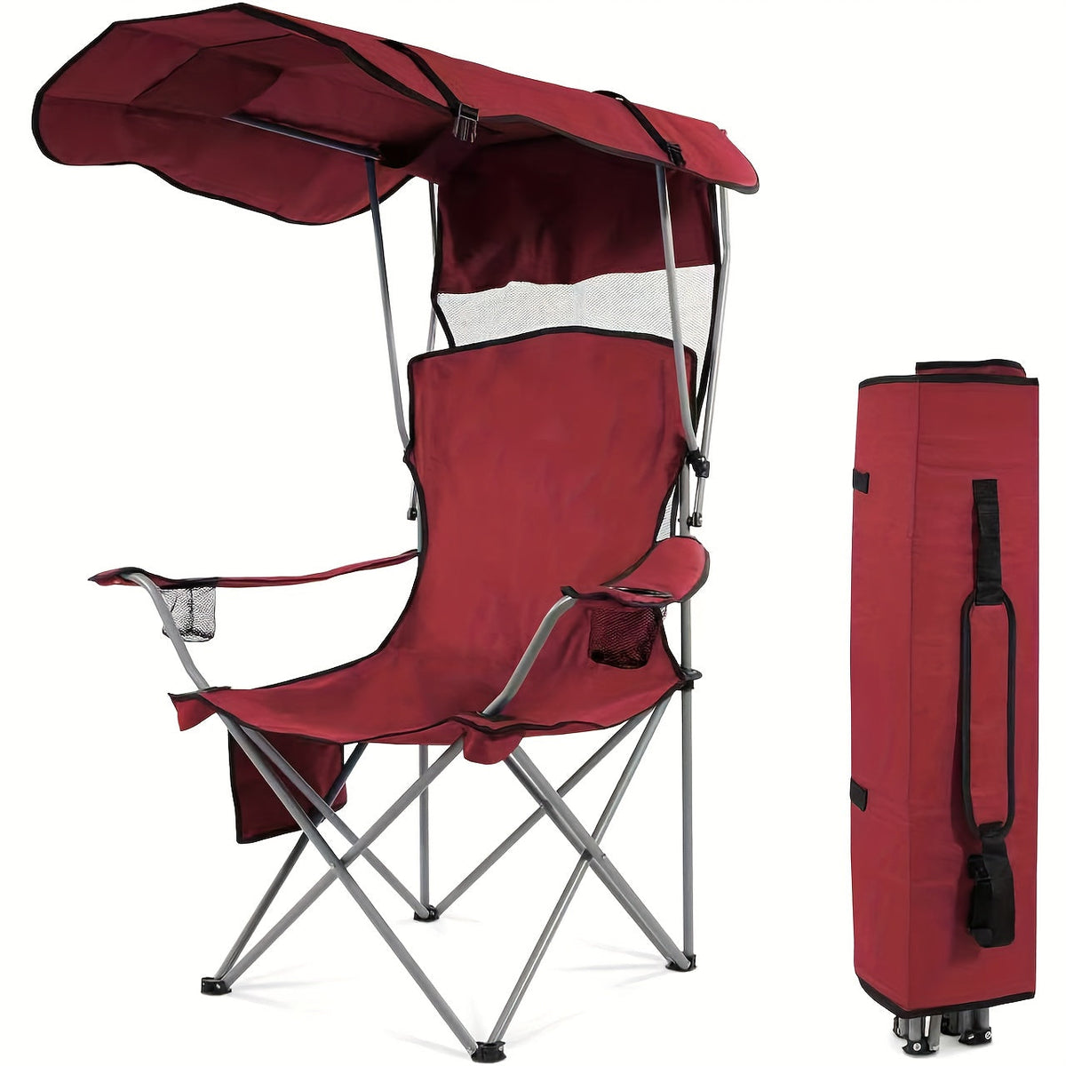 Folding Camping Chair with Optional Sunshade Canopy, Cup Holders, Carry Bag and Black, Red or Blue Configurations