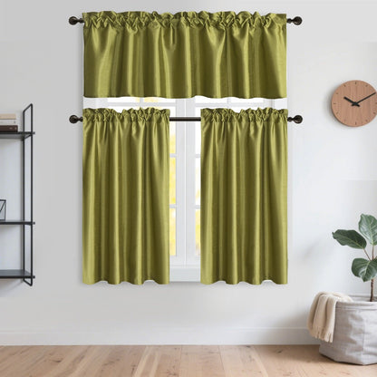 Kitchen Curtains 3 Panels Faux Silk Sheer Tier and Valance Set Rod Pocket 2 Tiers 26x36 inch + Valance 52x14 inch for Kitchen Bathroom Window Drapes
