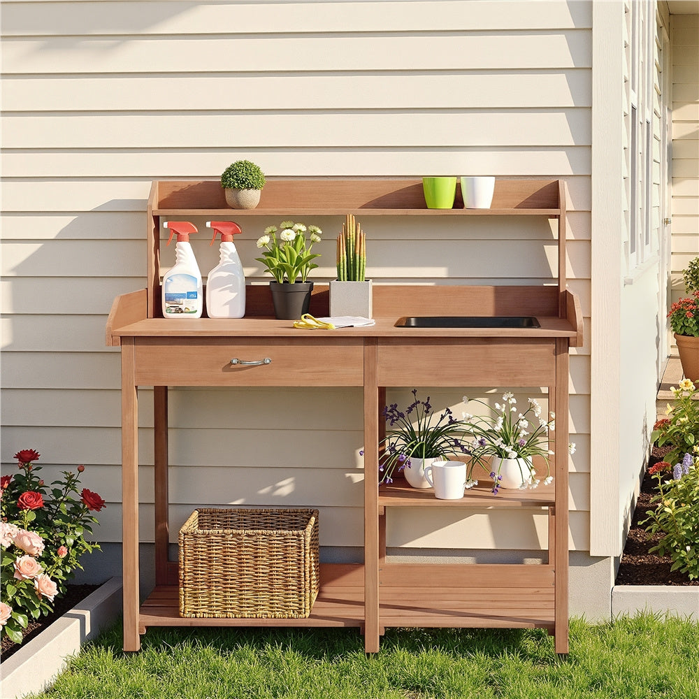 Four-Tier Garden Potting Bench with Removable Sink, Drawer, Adjustable Shelf and Three Side Hooks