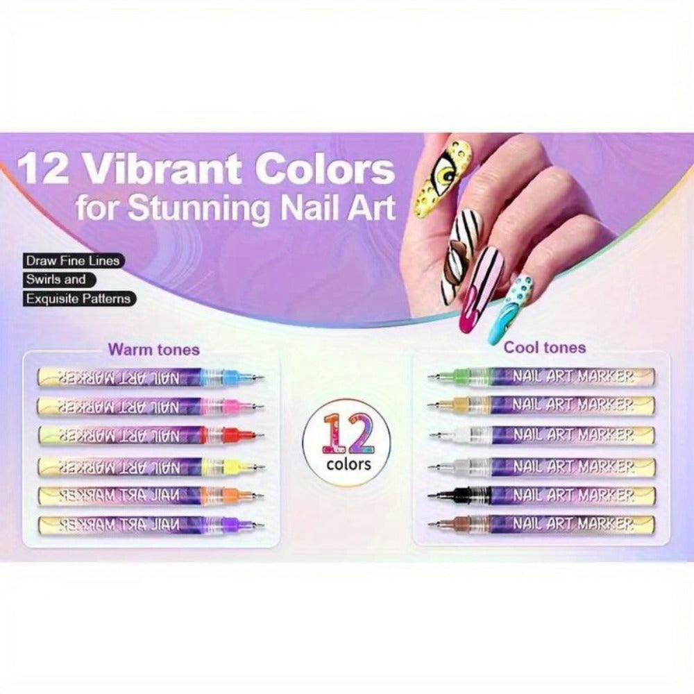 Nail Art Pens 12-Color Water-Based Marker Set with Round Clear Bodies and Extra-Fine Detail Tips