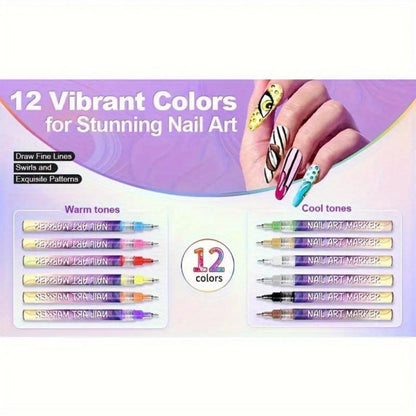 Nail Art Pens 12-Color Water-Based Marker Set with Round Clear Bodies and Extra-Fine Detail Tips