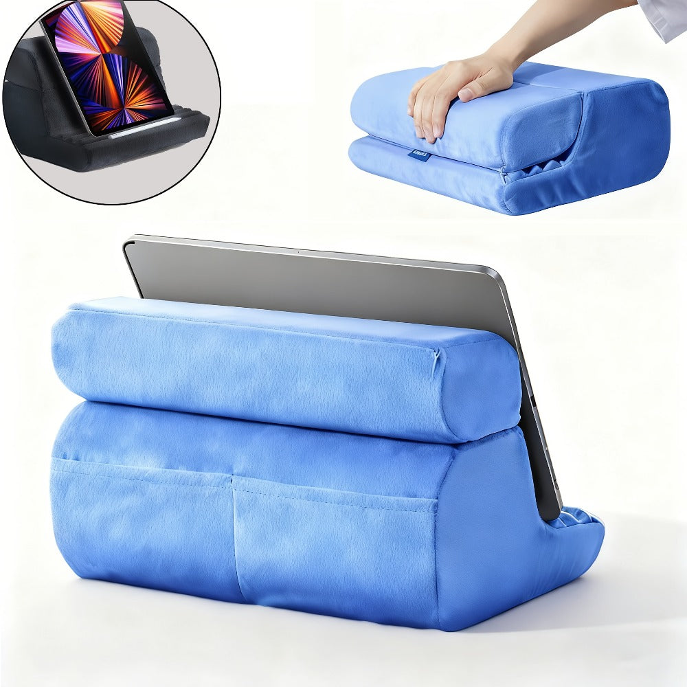 Soft Foldable Tablet Pillow Stand in Black or Blue with Three Viewing Faces, Storage Pockets and 242 × 186 × 290 mm Label