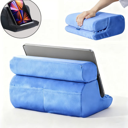 Soft Foldable Tablet Pillow Stand in Black or Blue with Three Viewing Faces, Storage Pockets and 242 × 186 × 290 mm Label