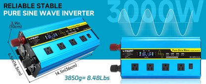 Blue 12V or 24V DC to 110V AC Power Inverter with LCD, Four AC Receptacles and Remote Presentation