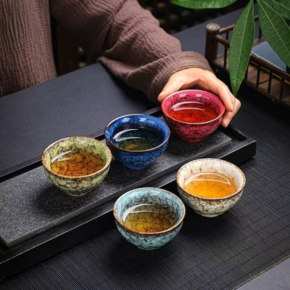 Five-Piece Jianzhan-Style Ceramic Tea Cup Set in Five Colors with 4.06-Ounce Bowls and Gift Box