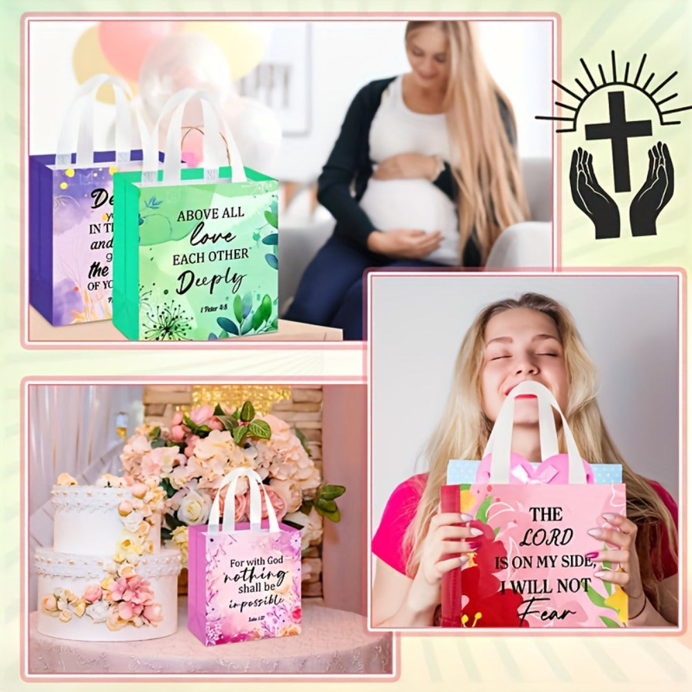 Gift Bag Set Bible Verse Floral Prints, 32 or 64 Non-Woven Handle Bags in Eight Designs, 8.7 x 9 x 4.3 Inch Size
