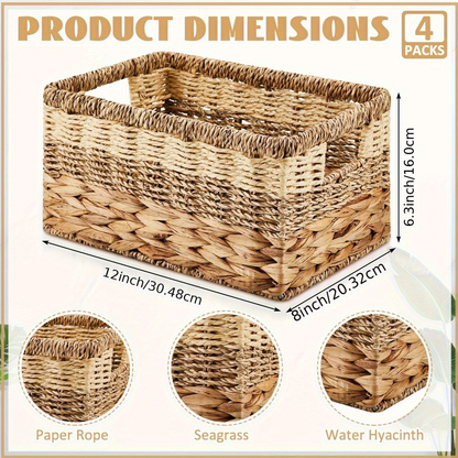 Water Hyacinth Wicker Storage Baskets Set of 4 with Handles, 12 x 8 x 6.3-Inch Shelf Organizers