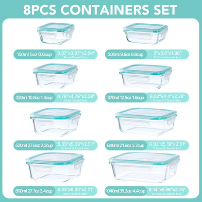 Glass Meal Prep Containers 16 Piece Set (8 Lids + 8 Containers) - Borosilicate Glass Food Storage with Leak Proof Lids, Oven Microwave Dishwasher Freezer Safe, BPA Free, Multiple Sizes
