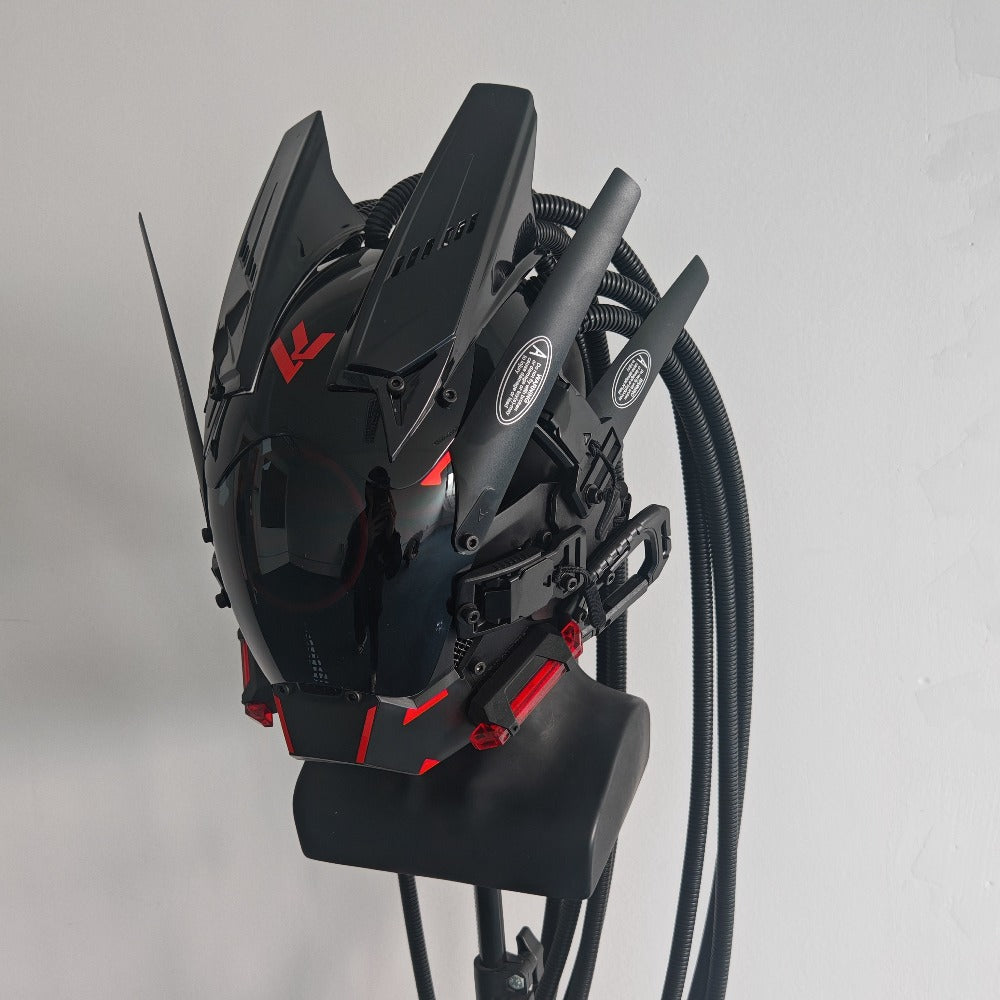 LED Braided Cyberpunk Costume Helmet with Circular Face Light and Blue, Green or Pink Accent Styles