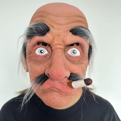 Bald Old-Man Full-Head Costume Mask with Gray Brows, Mustache, Side Hair and Faux Cigar for Adult Halloween Parties