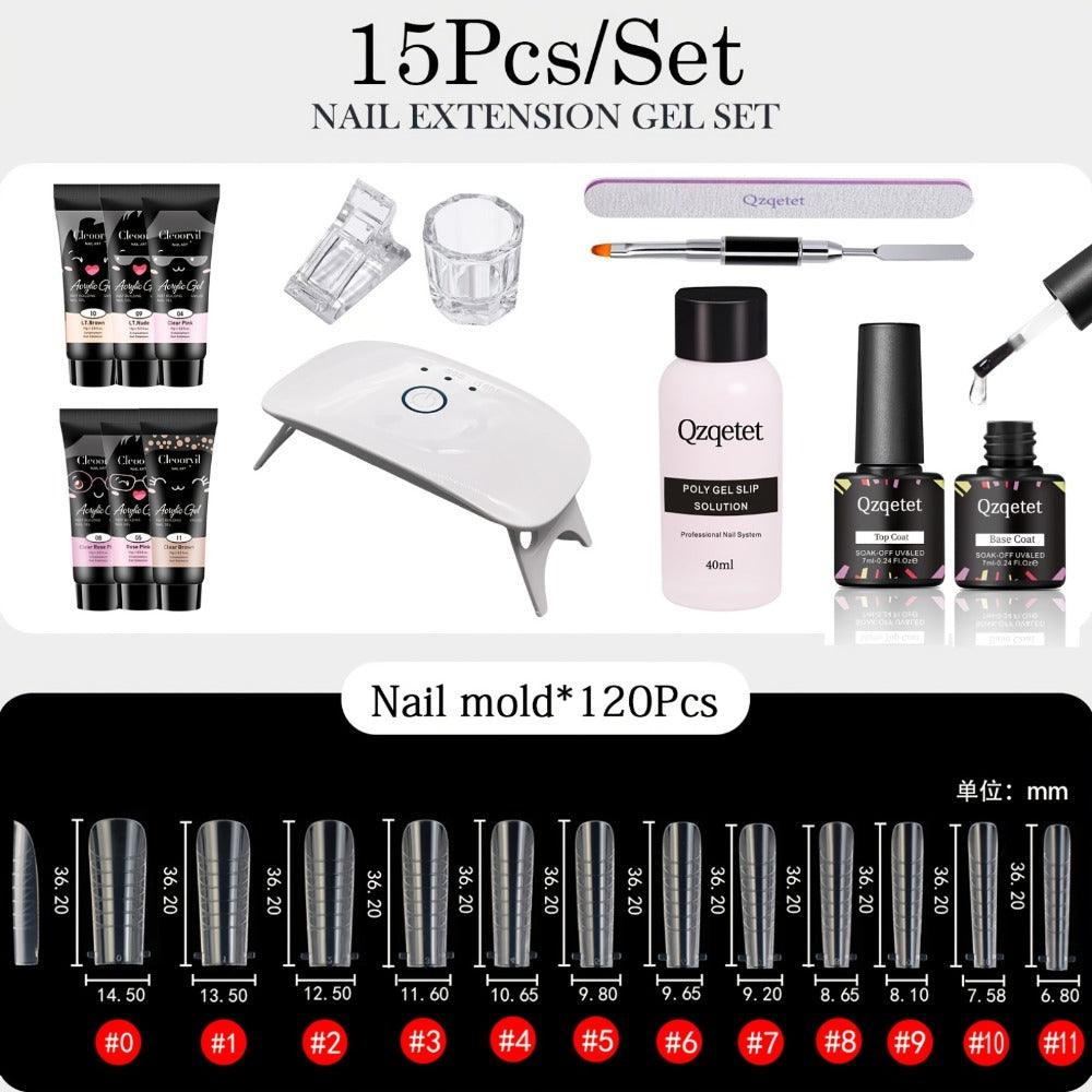 Poly Nail Gel Extension Kit 6 Colors with USB UV LED Lamp & Slip Solution - All-in-One Polygel Nail