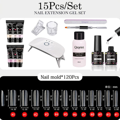 Poly Nail Gel Extension Kit 6 Colors with USB UV LED Lamp & Slip Solution - All-in-One Polygel Nail