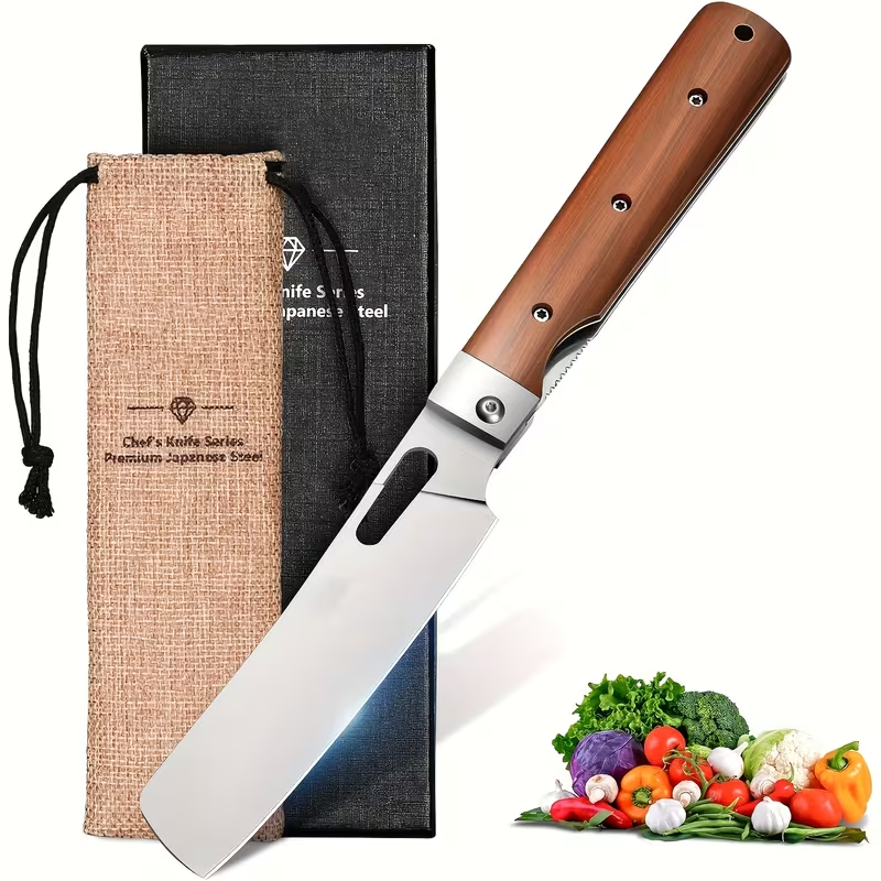 Folding Knife Nakiri 440C Stainless Steel – Ultra-Sharp Portable Chef Knife with Cocobolo Wood Handle & Liner Lock | Handcrafted Camping BBQ Kitchen Vegetable Knife Gift 12-Month Warranty