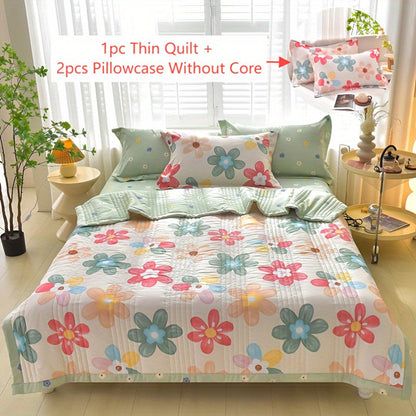 Floral Three-Piece Thin Quilt Set with Two Pillowcases, Twin to King Sizes and Three Printed Styles
