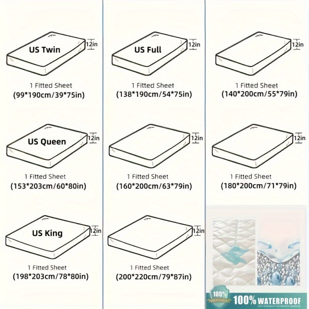 Waterproof Solid-Color Fitted Sheet with 11.8-Inch Pocket, Six Colors and Twin to King Sizes
