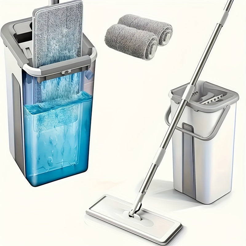 Flat Mop and Bucket Set with Wringer Metal Handle 2 Reusable Microfiber Pads Floor Mopping for Home Cooking, Dining and Outdoor Meals