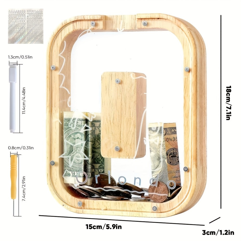 Alphabet Wooden Money Bank with Clear Front Panel, Coin Slot and A-to-Z Letter Options for Adults