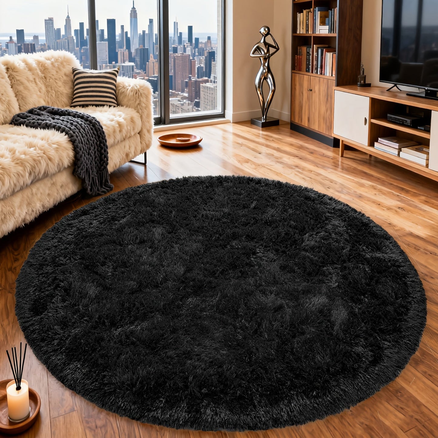 Round Shaggy Area Rug in Seven Solid or Tie-Dye Colors with 4 x 4-Foot to 8 x 8-Foot Sizes