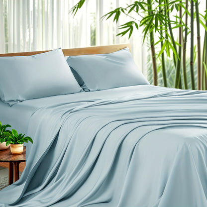 Sheet Set, Four-Piece Bamboo-Blend Plain-Weave Bedding with 16-Inch Fitted Pocket and Thirteen Solid Colors