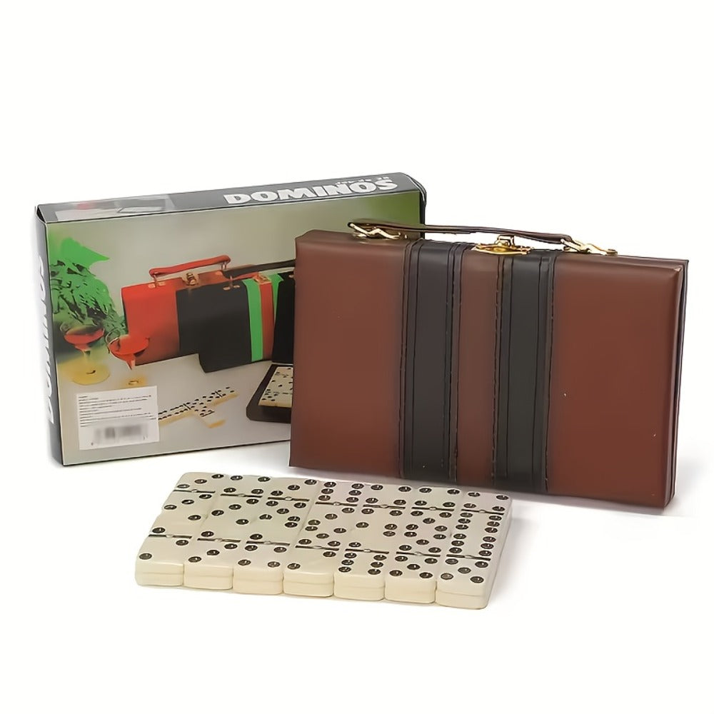 Double-Six Domino Set with 28 Ivory-Style Tiles, Metal Spinners and Brown Storage Case in One or Two Packs