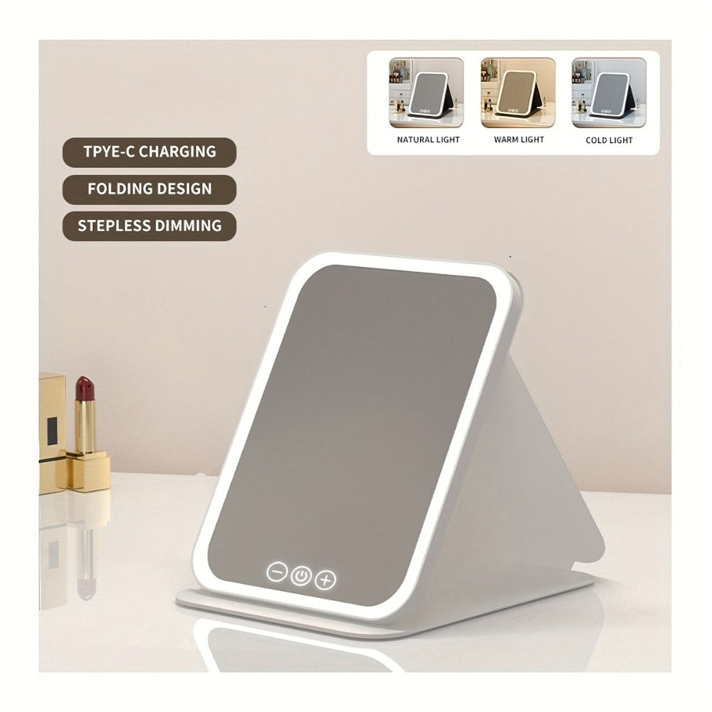 Makeup Mirror Foldable LED Travel Stand with Three Light Colors, Touch Dimming, USB Charging and Pink or White Options