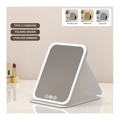 Makeup Mirror Foldable LED Travel Stand with Three Light Colors, Touch Dimming, USB Charging and Pink or White Options