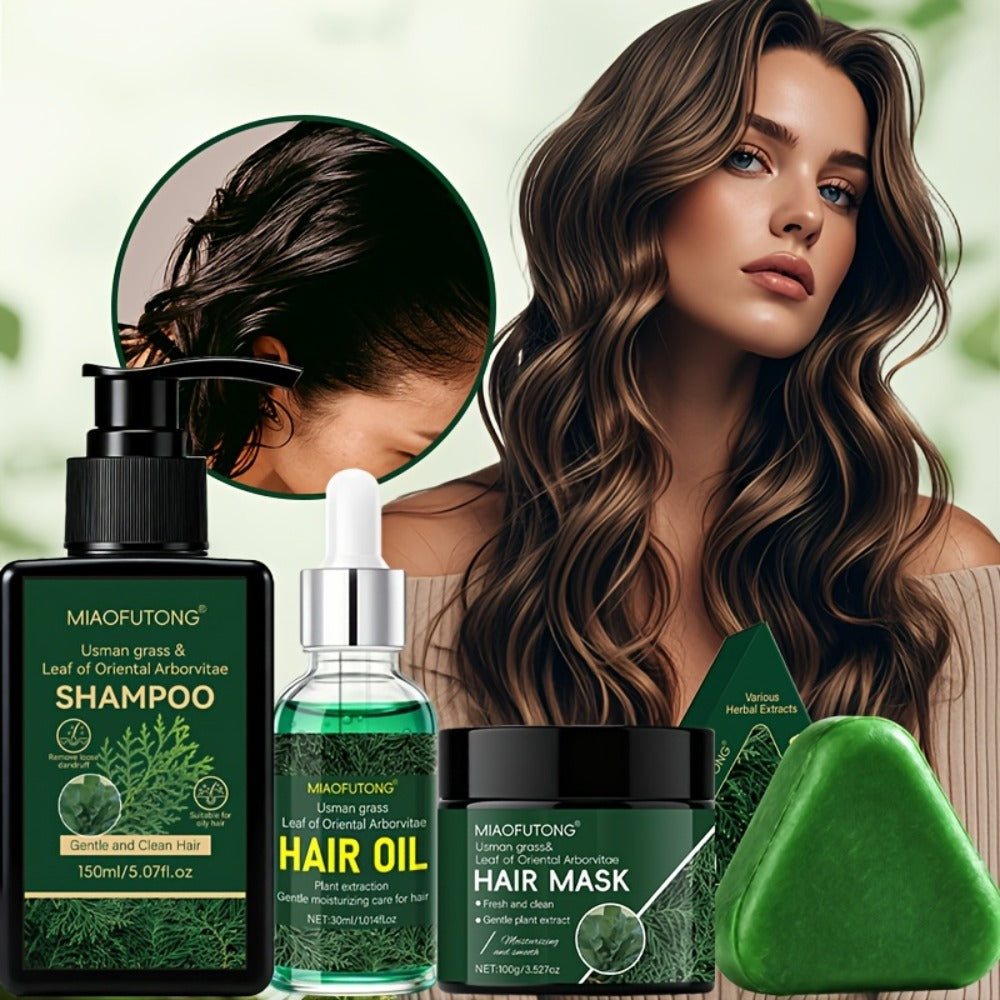 Four-Piece Usman Grass Hair Care Kit with 120g Shampoo Bar, Oil and Mask Container Formats