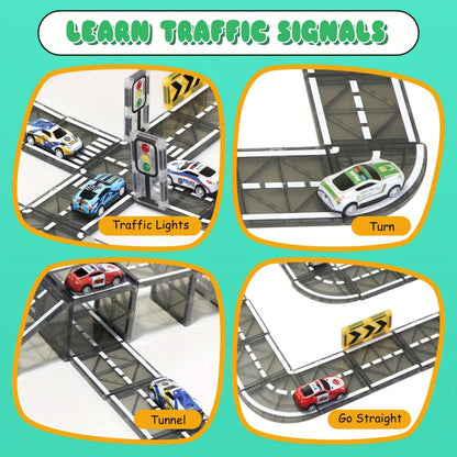 44-Piece Magnetic Road Tile Set with Pictured Cars, Signs, Signals and Black-and-White Track Sections