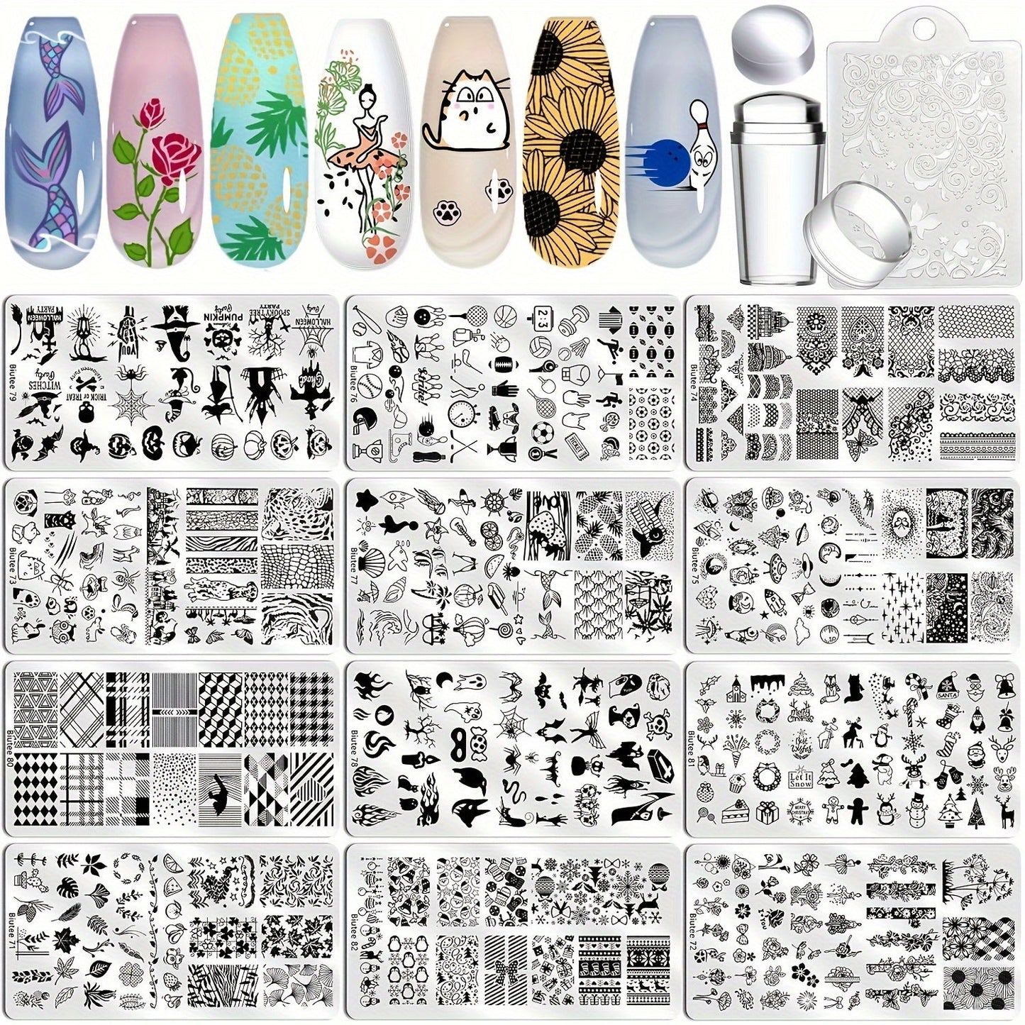 Nail Stamping Plate Kit with Stamper and Scraper in 14-, 15- or 26-Piece Protected Checkout Options