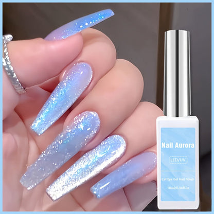 Gel Nail Polish in 10ml Light-Blue Aurora Magnetic Cat-Eye with Holographic Iridescent Shimmer and UV/LED Soak-Off Cure
