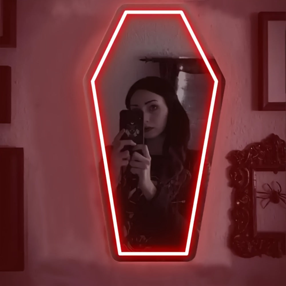 Gothic Coffin Shaped Neon Wall Mirror USB Powered LED Neon Light Mirror Irregular Decorative for Entryways, Bedrooms and Living Spaces