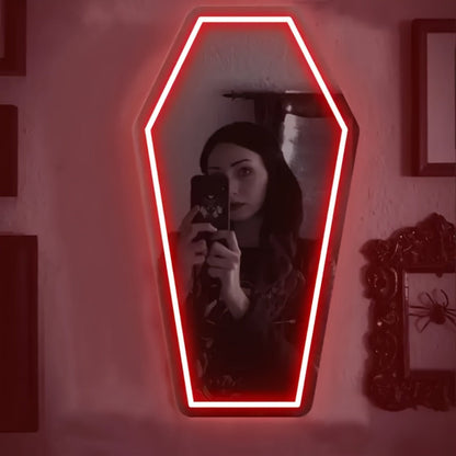 Gothic Coffin Shaped Neon Wall Mirror USB Powered LED Neon Light Mirror Irregular Decorative for Entryways, Bedrooms and Living Spaces