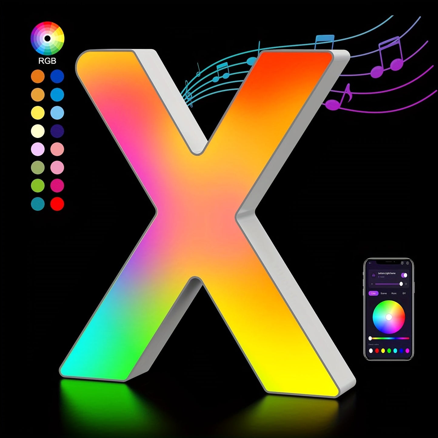 RGB LED Letter and Number Light with 38 Checkout Shapes, USB Power, App Control and Music Sync