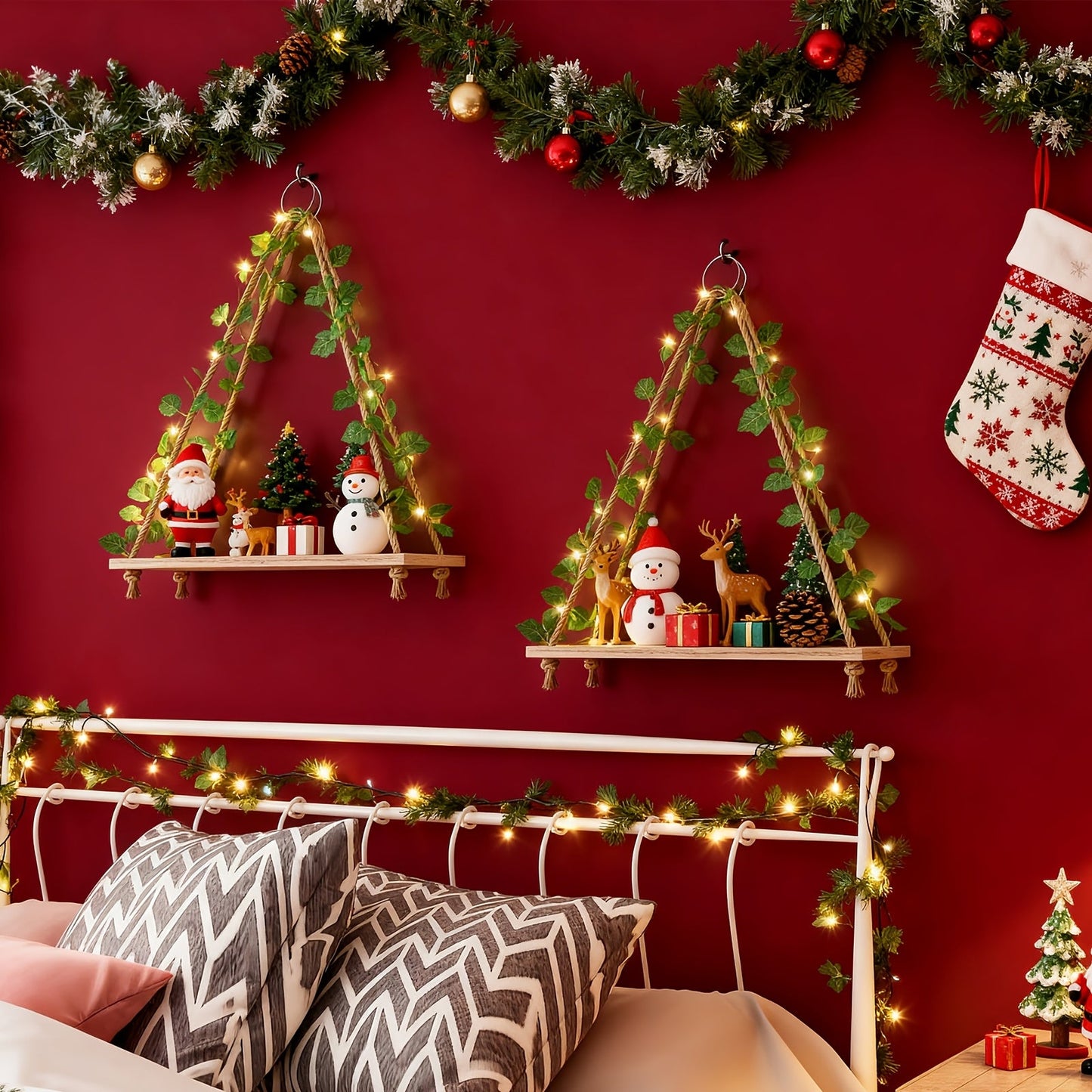 Hanging Wall Shelf Set with Macrame-Style Ropes, Artificial Ivy, LED Light Strands and 2- to 4-Piece Options