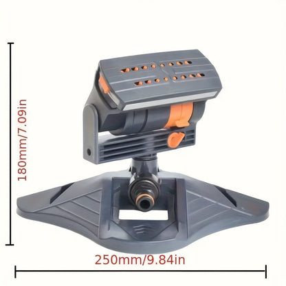 Gray 360-Degree Rotating Garden Sprinkler Head with Adjustable Dual Spray Bars and Pictured 9.84-Inch Base