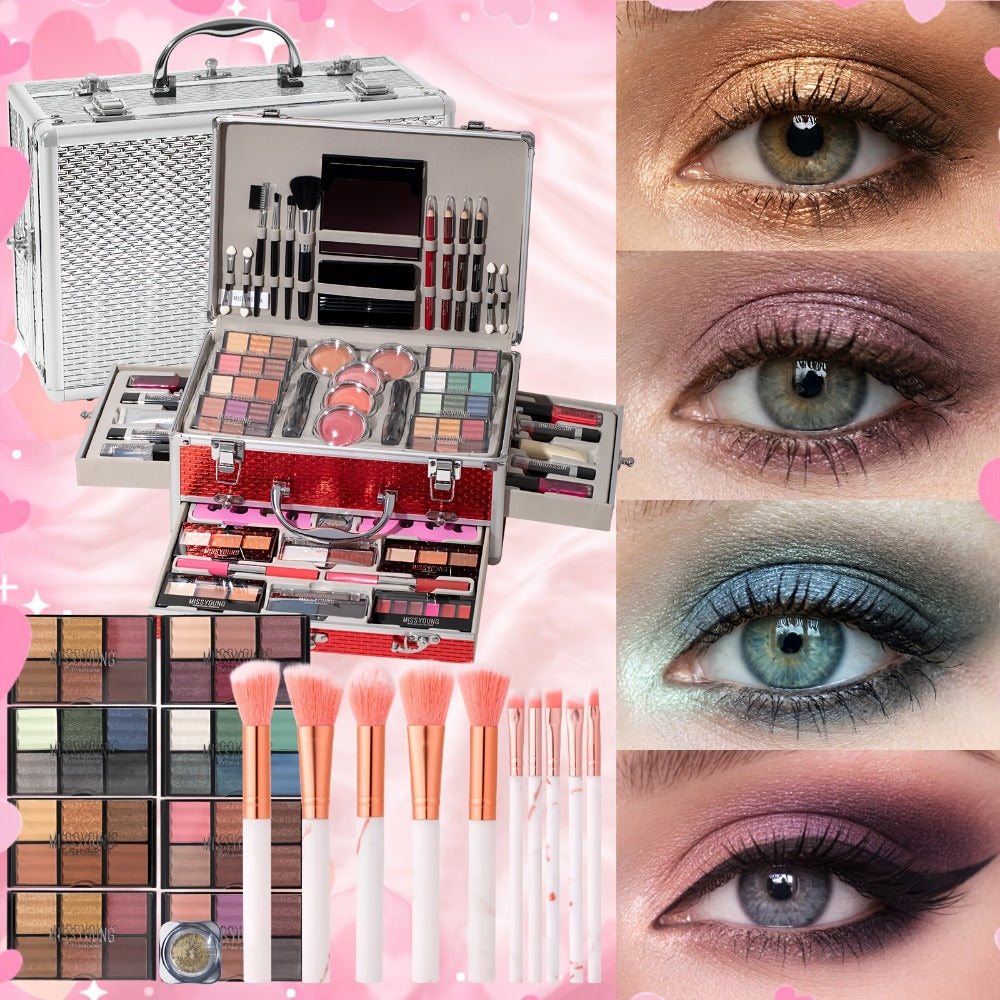 106-Piece Makeup Case Set with Red or Silver Carry Case, Fold-Out Color Palettes, Lip Products and Ten Makeup Brushes